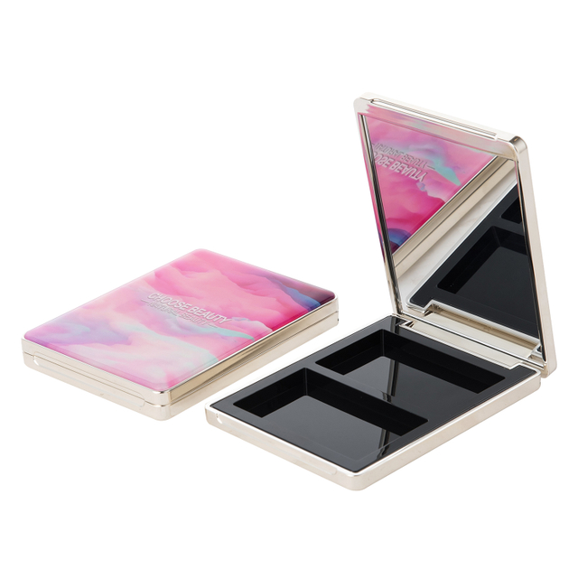 2 Lattices Rectangle Case with Mirror Empty Makeup Powder Compact Case Container